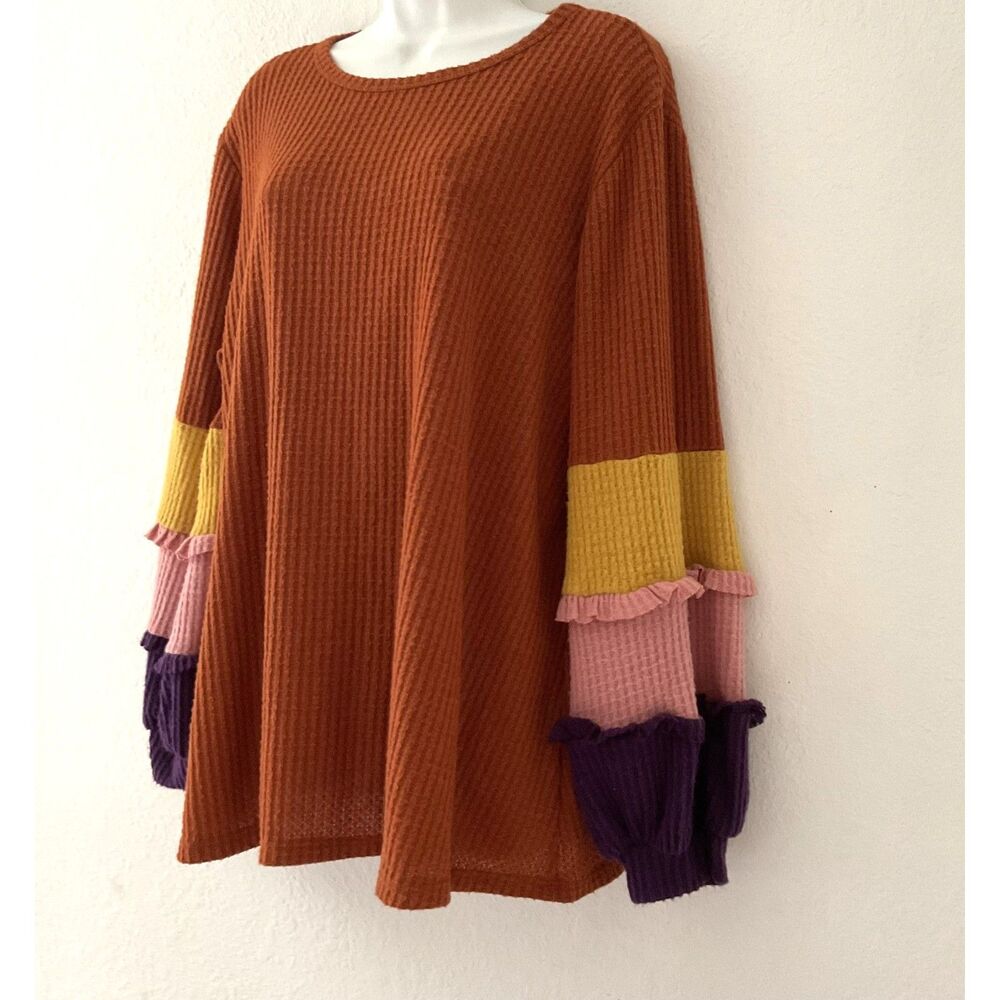 CY Fashion Colorblock Ruffle Sleeve Top Rust Large - Picture 3 of 9